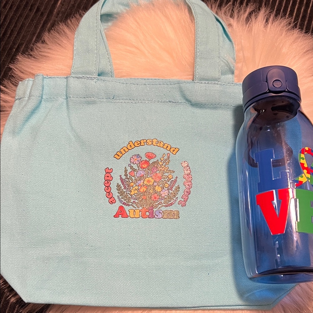 Blue Tote Bag with Autism Design and Blue Water Bottle
